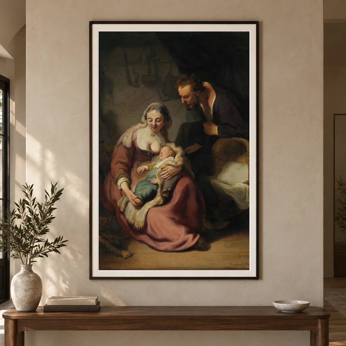 The Holy Family (1633 1635) — Rembrandt van Rijn shown in a styled interior