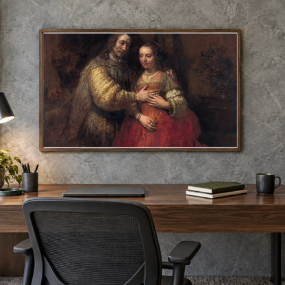 The Jewish Bride (c. 1665 C. 1669) — Rembrandt van Rijn shown in a styled interior