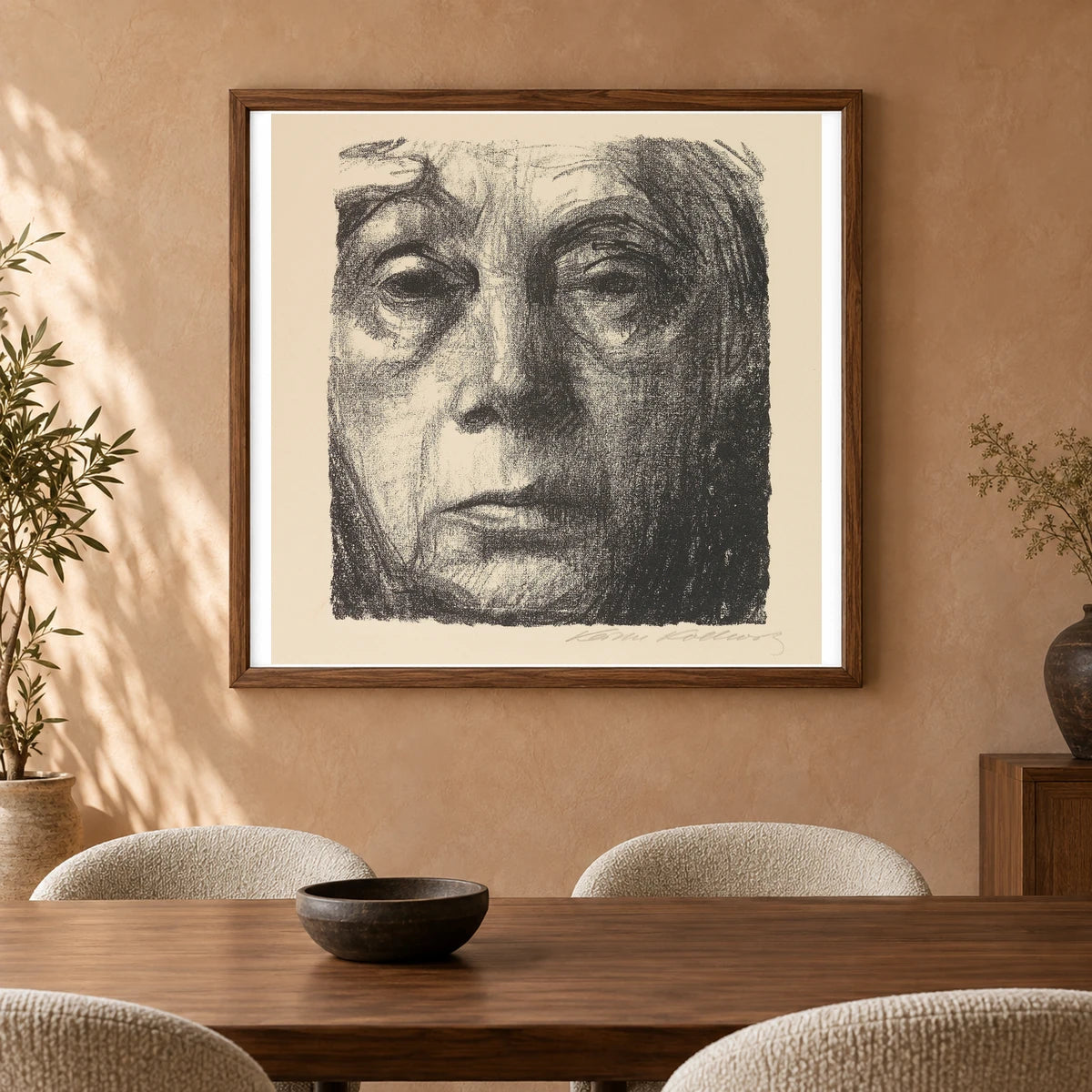 Selbstbildnis (1934) — Käthe Kollwitz shown in a styled interior