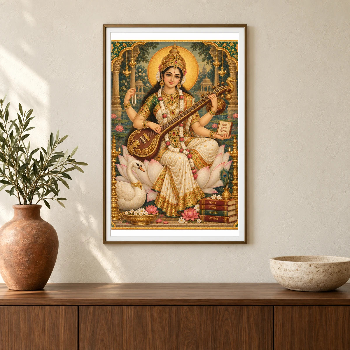 Goddess Saraswati In A Gilded Temple Garden — Ganesha shown in a styled interior