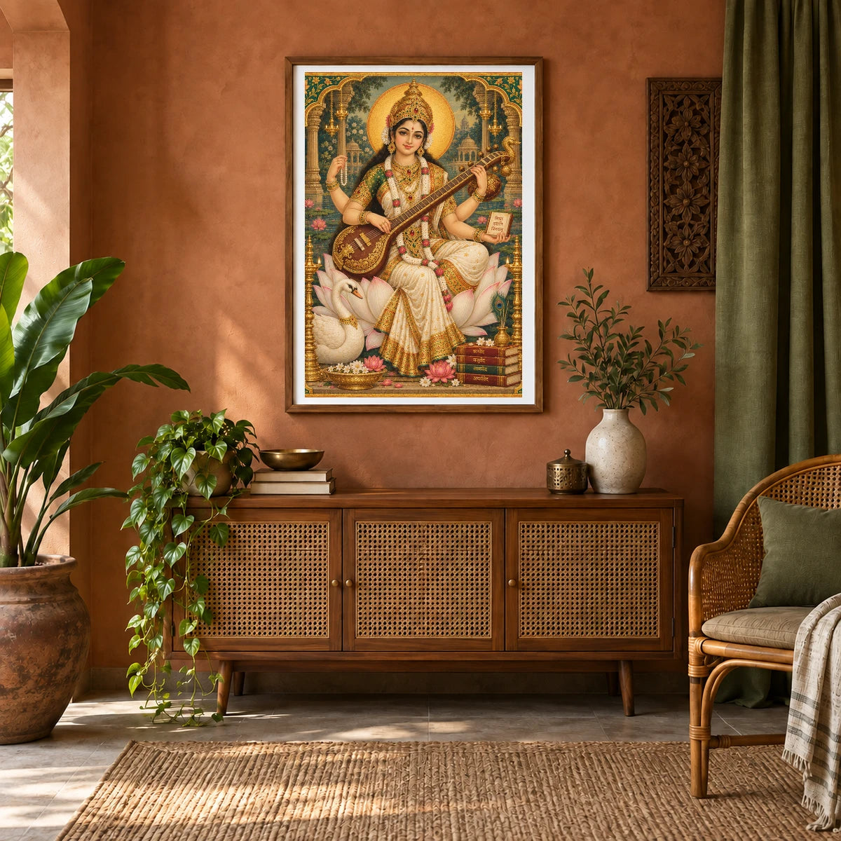 Goddess Saraswati In A Gilded Temple Garden — Ganesha shown in a styled interior
