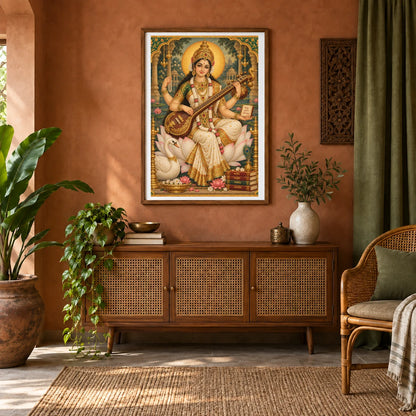 Goddess Saraswati In A Gilded Temple Garden — Ganesha shown in a styled interior
