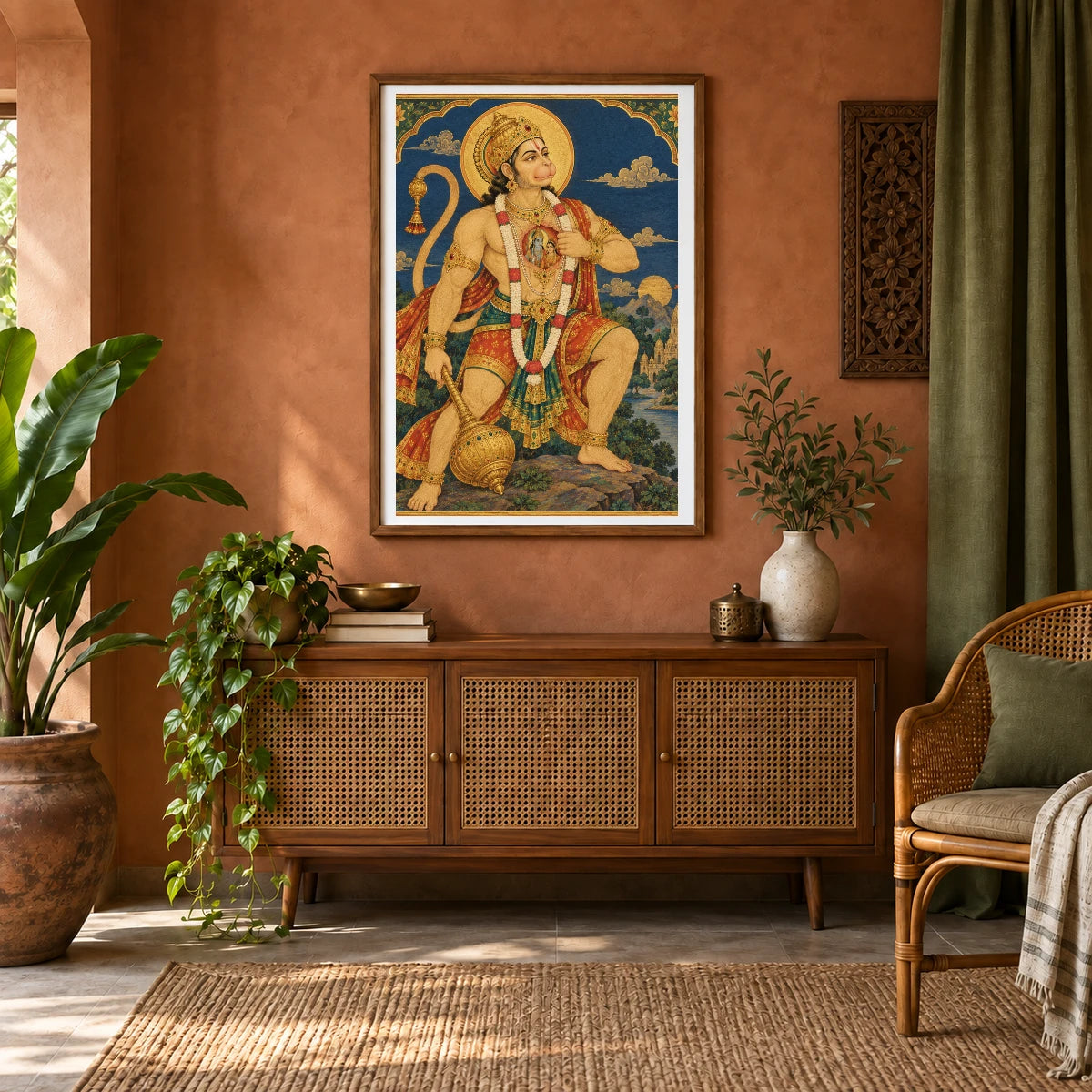Ornate Hanuman With Rama And Sita — Ganesha shown in a styled interior